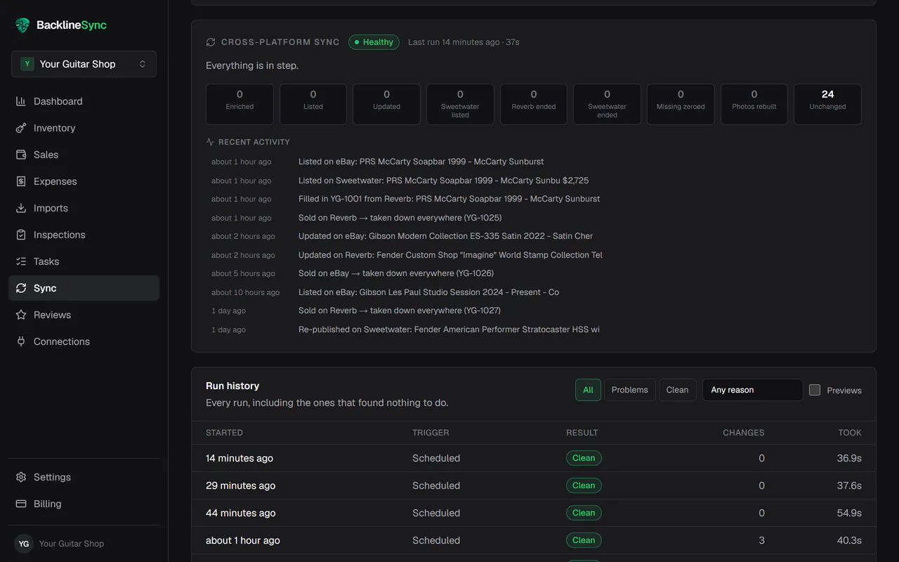 The Sync screen: healthy, with the last runs and a feed of guitars listed, updated and taken down after selling.